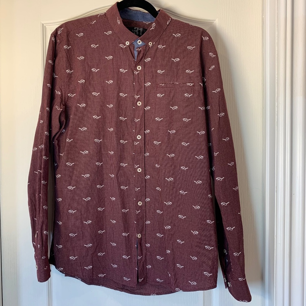 Le 31 by Simons Burgundy Patterned Button-Up Shirt – Semi-Fit –‎ Men's L Glasses